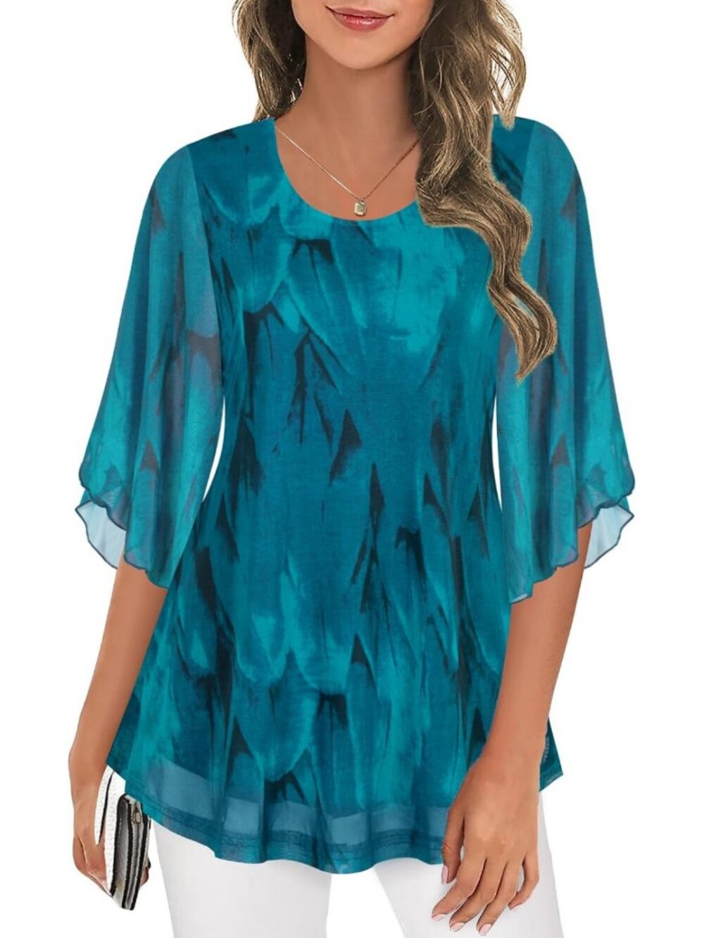 Chic 3/4 Sleeve Blouse - Dressy Casual Mesh Tunic Top for Women
